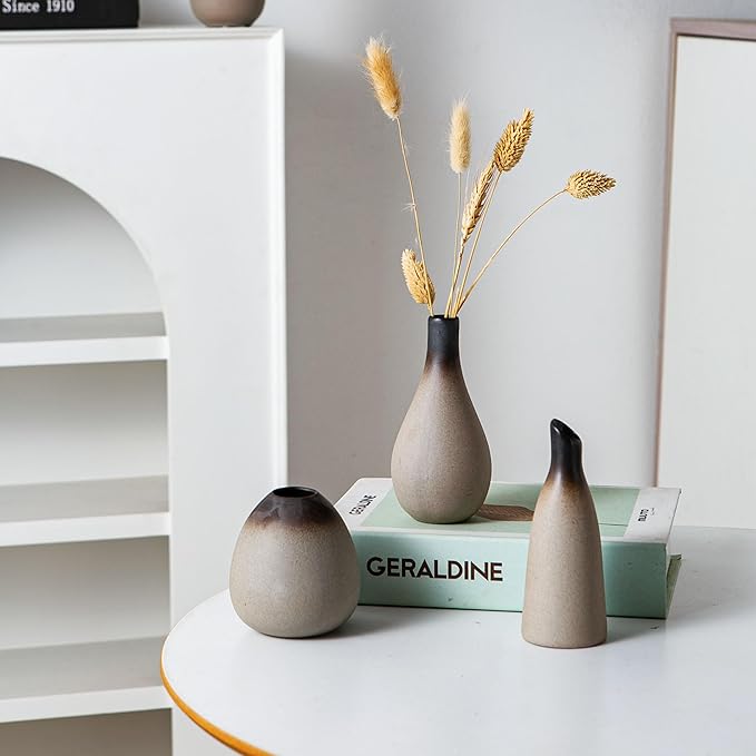 Rustic Ceramic Bud Vase Set of 11, Small Vases for Pampas Grass, Flowers, Modern Farmhouse for Home Decor, Vintage Decor, for Living Room, Dining Table & Shelves