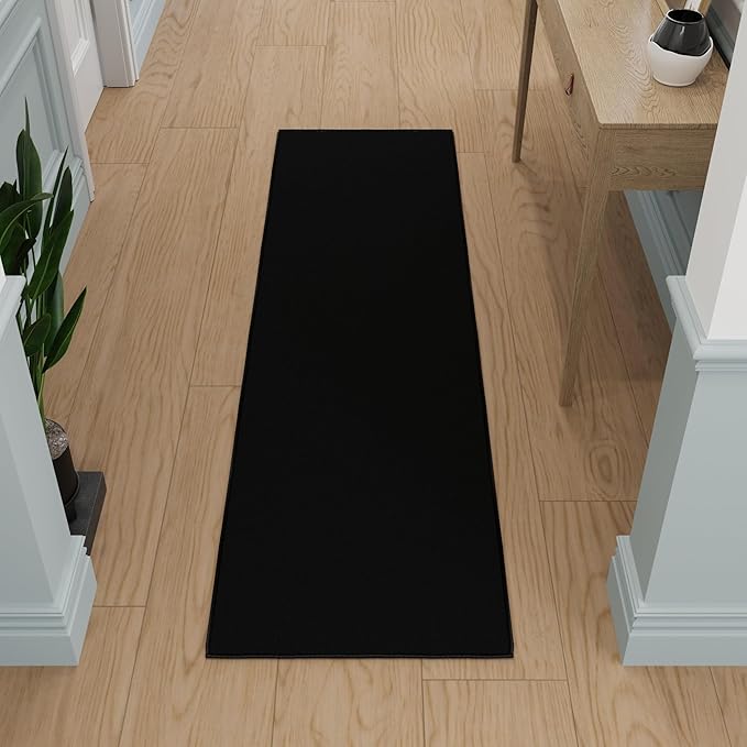 Ottomanson 2x9 Non Slip Hallway Runner Rug with Rubber Backing - Solid Modern Kitchen Rug for Bedroom or Living Room, Black, 2' x 9'