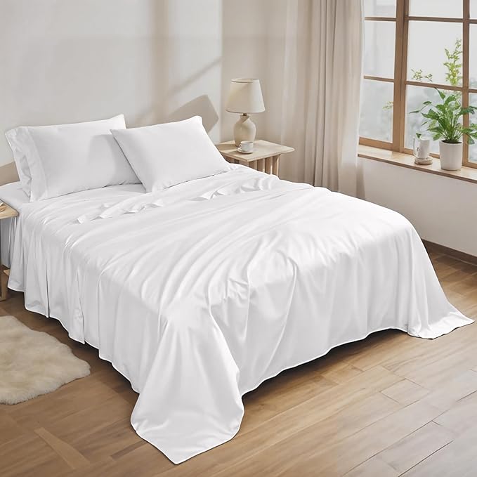 RUVANTI 100% Cotton Full Size Bed Sheets, 4 Pieces, Soft & Breathable Percale Weave Bedding, Deep Pocket 16", Hotel Standard, Crisp Cool Feel, Durable, Perfect Sheet Set Dyed, Milky White