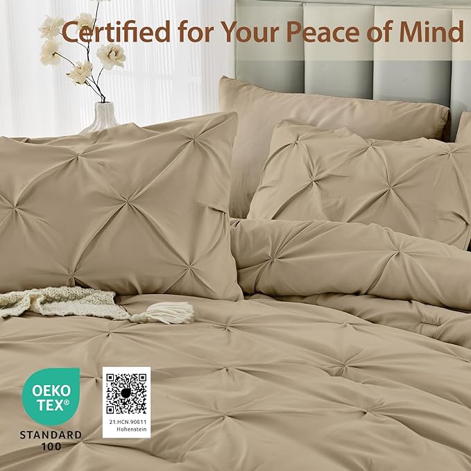 Sasttie Twin XL Comforter Set, 5-Piece Bed in a Bag, Pintuck Bedding Sets for All Season, Includes Comforter, Flat Sheet, Fitted Sheet, Pillowcase and Pillowsham, Dark Linen