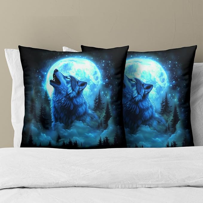 Forest Wolf Throw Pillow Covers - Galaxy Wolves Howling Pillow Covers 16x16 Set of 2 Nature Wolves Pillowcase Animal Cushion Covers Decor for Home Couch Bed Sofa