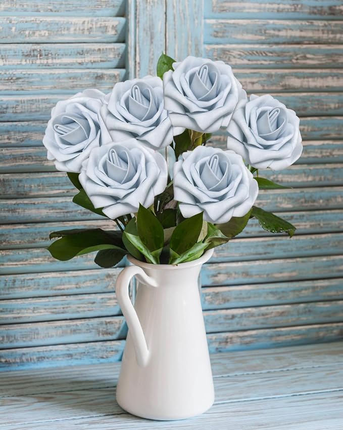 50Pcs Powder Blue Artificial Flowers Realistic Roses, Real Looking Fake Roses with Stem for DIY Wedding Bouquets Centerpieces Bridal Shower Party Home Romantic Decorations (Powder Blue, 50pcs)