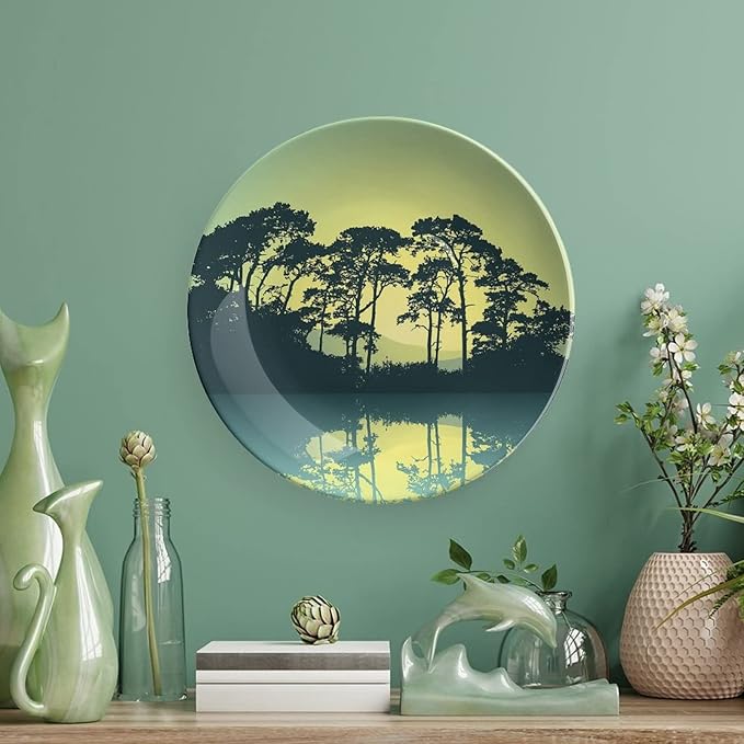 10 Inch Decorative Plate,Mystic Forest Ceramic Stoneware, Trees Abstract Mountain View and Lake River Print Ceramic Display Plate for Decorative Ornaments Giving Plates, 1 Plate with 1 Display Stand