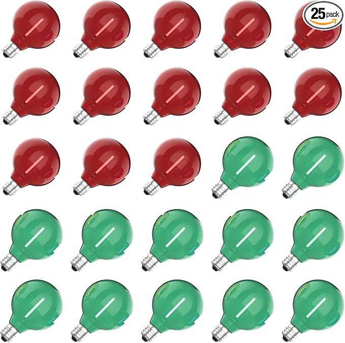 Meconard G40 Colored LED String Light Bulbs, Shatterproof LED 1 Watt Globe Replacement Bulbs, E12/C7 Candelabra Base,Red Light Bulb Green Light Bulb, 25 Pack
