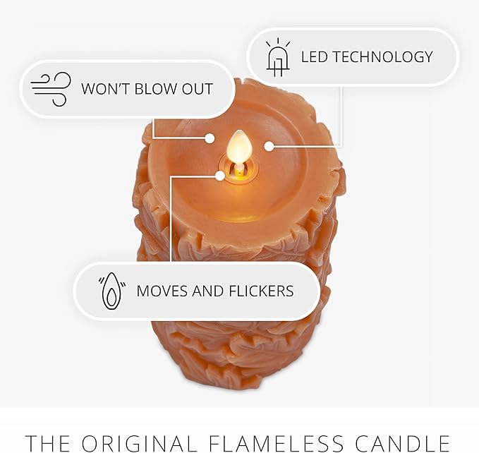 Luminara Flameless Marmalade Embossed Leaves 3.5" x 6.5" Pillar, Battery Operated & Timer Function, Fall Decorations Indoor Candle Moving Flickering Flame LED Light, Remote Ready (Sold Separately)