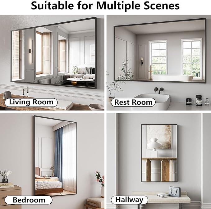 Koonmi Bathroom Mirror 30x48 Black Bathroom Wall-Mounted Mirrors, Modern Vanity Mirror for Bedroom, Living Room, Aluminum Alloy Frame Allow to Hang Horizontally or Vertically