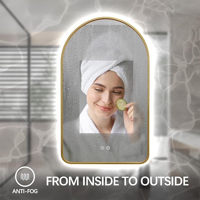 40"x24" Arched LED Bathroom Mirror, Wall Mounted Backlit Mirror with Lights Fog Free Lighted Framed Mirror Smart Anti-Fog 3 Color Temperatures Adjustable Brightness Gold