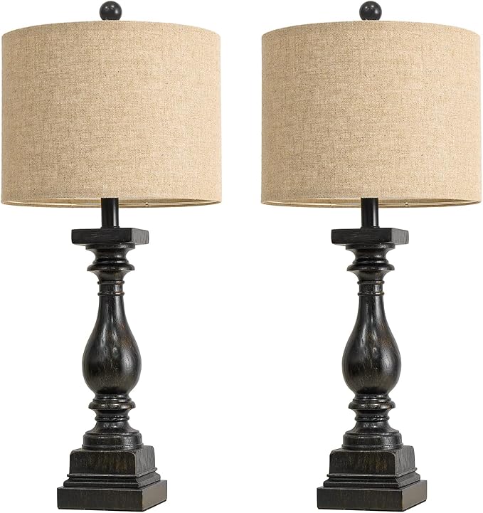 BOBOMOMO 27" Farmhouse Table Lamp Set of 2 with USB A+C for Bedroom Living Room Vintage Rustic Traditional Nightstand Bedside Lamps Retro Side Table Lamps (Black)
