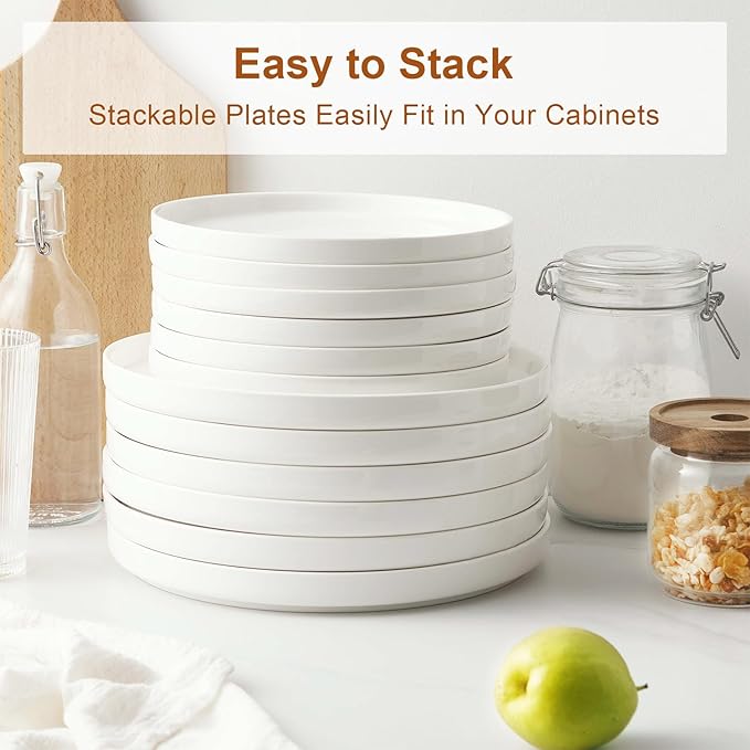 Jassceram 10.5 Inch Dinner Plates, Ceramic Flat Plates for Dining and Kitchen, High Edge Modern Plates - Microwave, Oven and Dishwasher Safe, Scratch Resistant and Lead-free, Set of 6, White