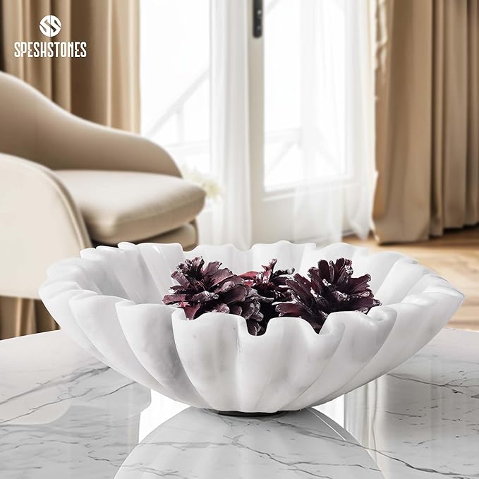 Marble Ruffle Bowl 8 Inch Handmade White Large Decorative Bowls for Home Decor - Scalloped Fruit Bowl for Kitchen Counter, Fluted Bowls for Housewarming Gifts & Coffee Table Decor