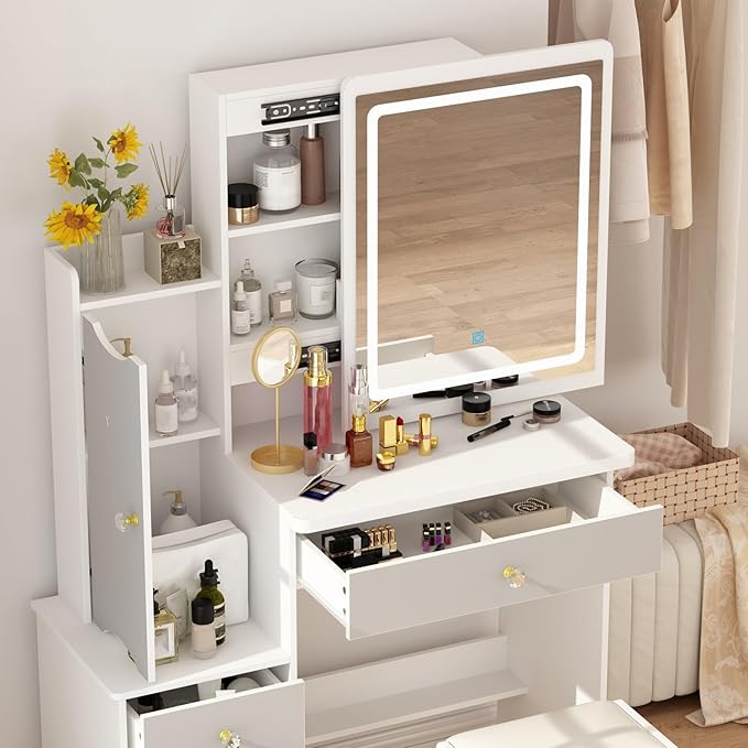 FAMAPY Vanity Desk with Mirror and Lights, Vanity Makeup Desk with Sliding Lighted Mirror, Vanity Mirror Makeup Desk with Cushion Stool, Drawers and Shelves, White and Grey