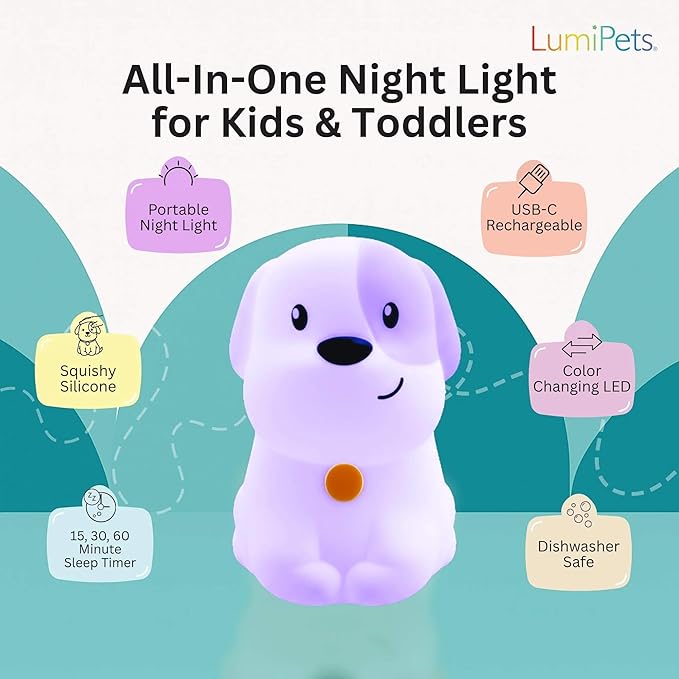 Lumipets Pepper The Puppy Dog Squishy Silicone Night Light for Kids | Cute Night Light with Remote & Touch Control for Baby & Toddler Bedrooms | Color Changing Animal Lamp | Soft Portable Nightlight