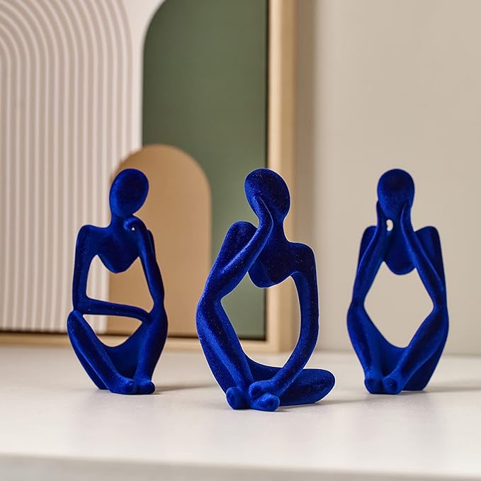 FJS Living Room Decor: Flocked Thinker Statue, 4.7" H Navy Blue Abstract Art Sculpture - Set of 3 for Home, Office, Shelf, Table Decoration