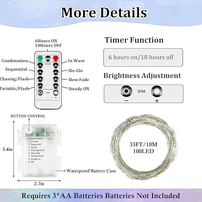 4-Pack Fairy Lights Battery Operated with Remote, Waterproof 33FT 100 LED Battery String Lights Outdoor Indoor, 8 Modes Twinkle Lights with Timer for DIY Home Centerpiece Christmas Decor (Cool White)