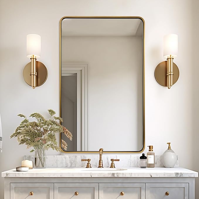ANDY STAR Brushed Gold Bathroom Mirror 48”X30”, Brass Bathroom Vanity Mirror Rounded Rectangle, SUS304-Anti-Rust Metal Frame Mirror, Wall Mounted Horizontal/Vertical 1’’ Deep