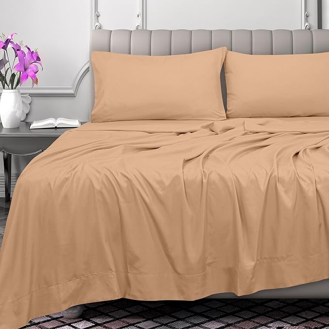 Royale Linens 300 Thread Count 100% Long Staple Combed Cotton Flat Sheet - Super Soft - Top Sheets - Full Flat Sheet Sold Separately - Breathable, Cool & Crisp Percale Sheets Only (Full, Sand)