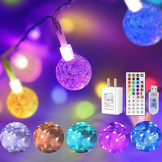 OMIKA Color Changing Indoor String Light USB Plug, 16.5ft 50 LEDs Crystal Globe Fairy Lights with Remote Timer Ambient Lighting for Girls Bedroom Home Xmas Halloween Party Decor (24 Colors)