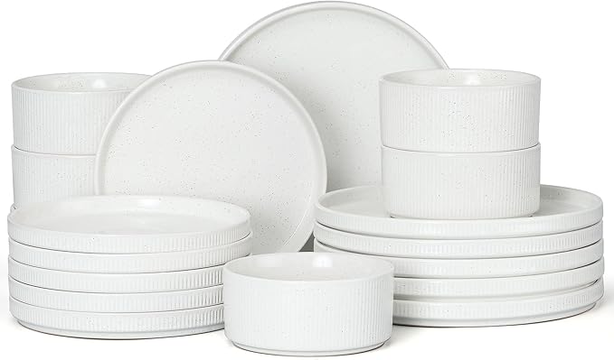 E-far Stoneware Dinnerware Sets, 18-Pieces Modern Plates and Bowls Sets, Kitchen Dinning Porcelain Dishes Set for 6, Chip & Scratch Resistant, Dishwasher & Microwave Safe, Speckled White
