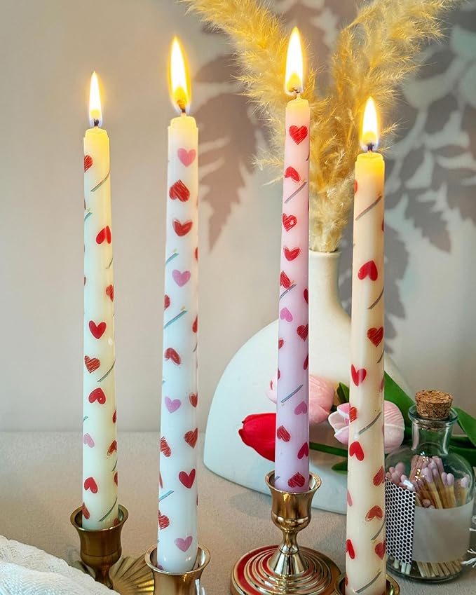 Heart Taper Candles Red Tall Taper Candles 12 inch Unscented Smokeless Candle for Candlesticks Sticks Wedding Home Decor Dinner Christmas Set of 12
