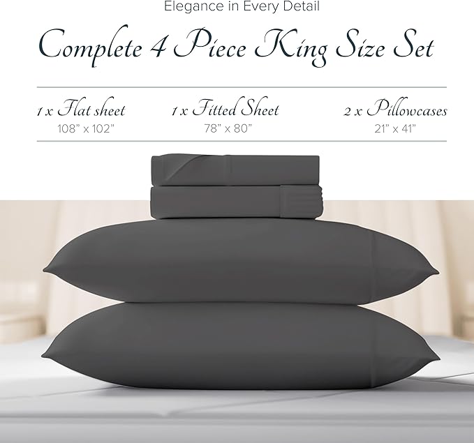 Carressa Linen 100% Egyptian Cotton King Size Sheets Set - Luxury 1500 Thread Count Egyptian Cotton Sheets King Size, 17" Deep Pocket, Soft, Cooling Sateen Weave Hotel Quality Bedding Set - Dark Grey