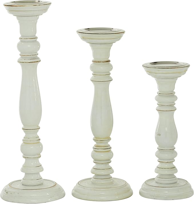Deco 79 Mango Wood Decorative Candle Holder Candle Stand, Set of 3 Candlestick Holder 18", 15", 12"H, White
