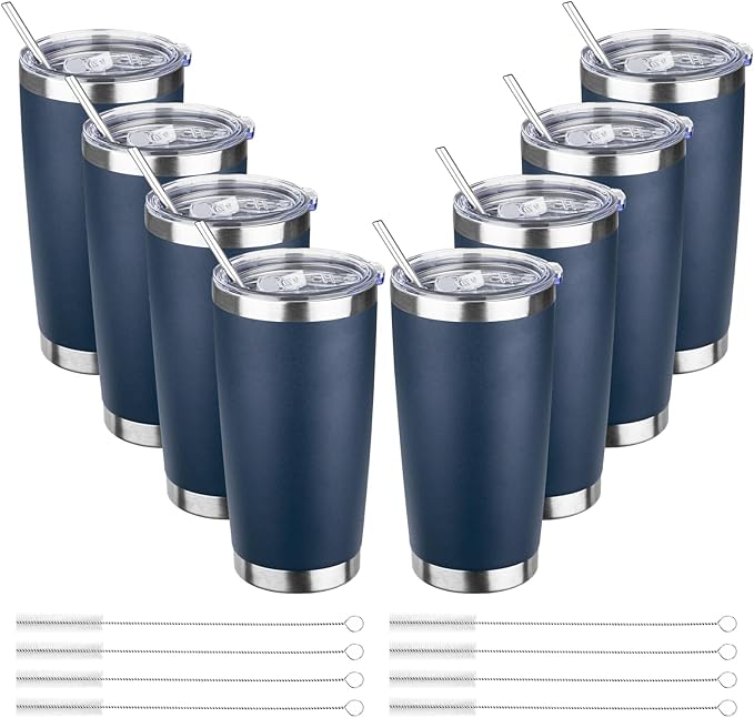 20oz Tumbler with Straw and Brush, Stainless Steel Vacuum Insulated tumbler, Double Wall Insulated Coffee Tumbler for Outdoor, Home, Travel,Office (Navy Blue,8pcs)
