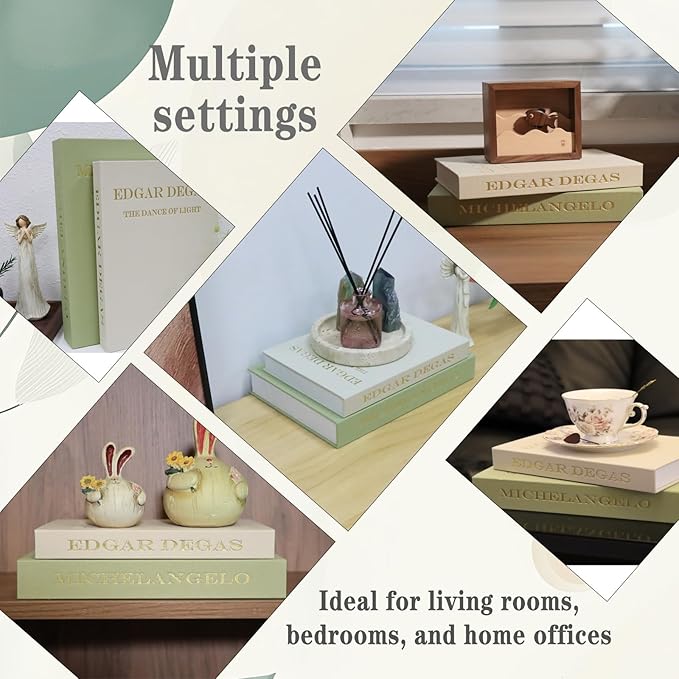 Decorative Fake Books for Coffee Table - Set of 2 Linen Aesthetic Faux Books Decor - Minimalist Keepsake Photo Storage Box for Office Home Living Room Mantle Top Decoration (Green-beige)