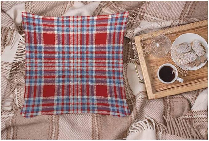 WONDERTIFY Throw Pillow Case Cover Tartan Plaid Pattern Checkered Fabric Texture Moderate Light Blue White and Bright Red Soft Linen Pillow Case for Bedroom/Livingroom/Sofa Cushion Covers 18x18 Inch
