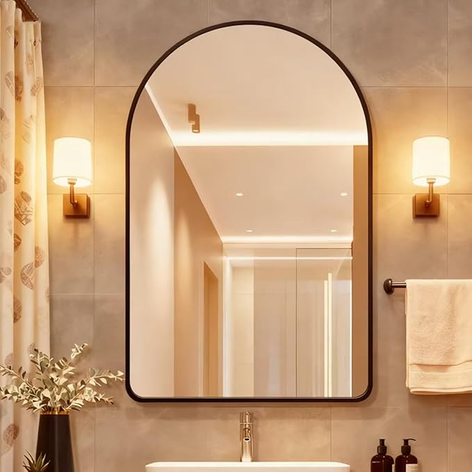 24x36 Inch Premium Black Arched Mirror Shatter Resistant No Distortion Luxe Brushed Metal Frame Arch Mirror for Bathroom Vanity Modern Wall Decor