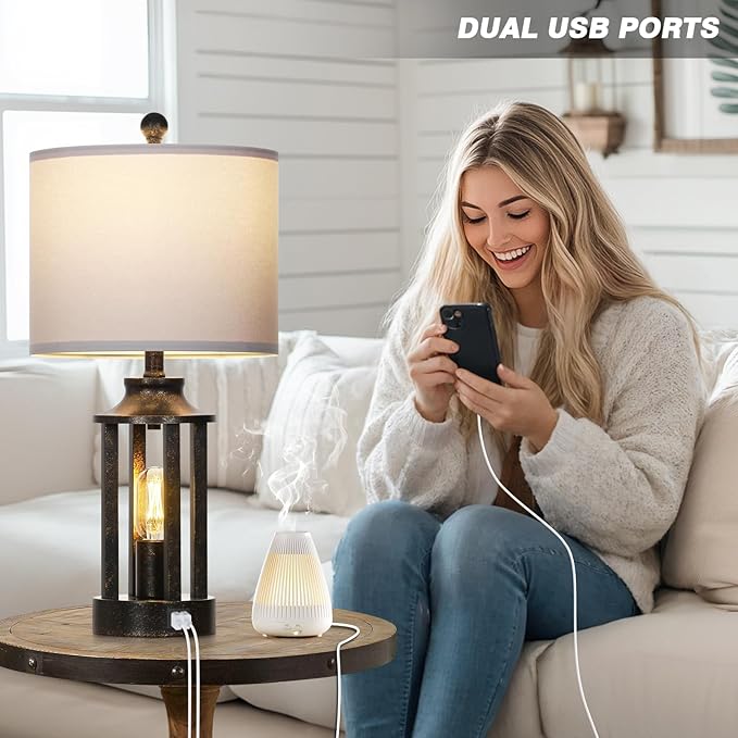 Farmhouse Table Lamps Set of 2, Vintage Living Room Lamps with 2 USB Ports, 3 Way Dimmable Touch Control Bedroom Lamp with 2 LED Nightlight, 23.5" Bedside Lamp for Nightstand Side End Table, Bronze