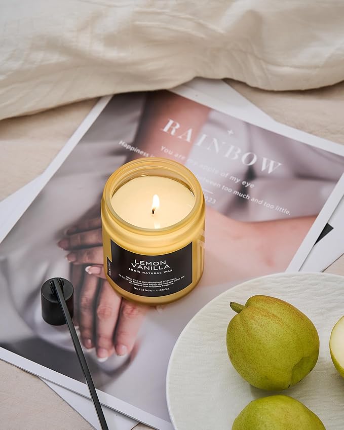 M&SENSE Lemon Vanilla Scented Slow Burning Candles for Home Scented, All Natural Soy Candles 7.05oz 50 Hours Slow Burning in Glass Jar, Stress Relief Gifts for Women and Men