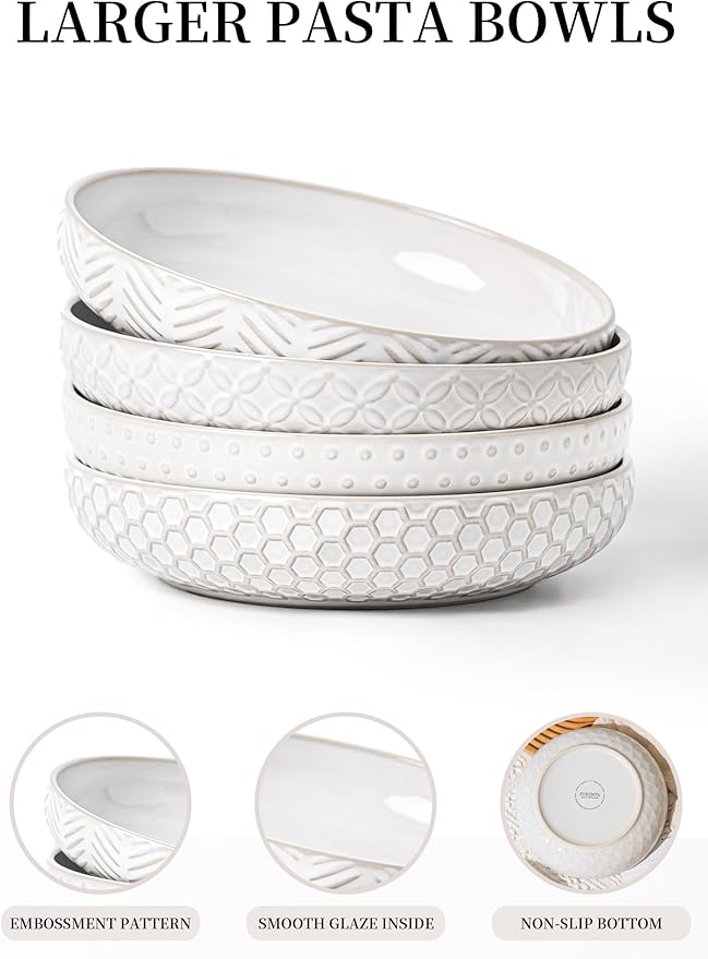 Embossed Ceramic Pasta Bowls, 42 oz Bowl Plates Set,9-Inch Large Serving Bowls Set of 4, Perfect for Pasta, Salad, Fruit, Sturdy&Stackable, Microwave & Dishwasher Safe