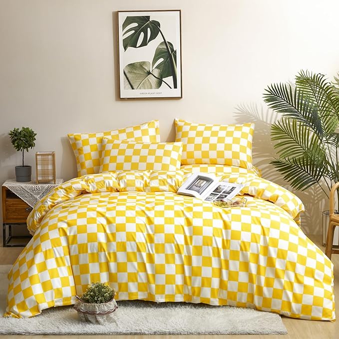 KAREVER Yellow White Grid Comforter Set Full Yellow Plaid Bedding Set Girls Yellow and White Checkered Bed Comforter Set Breathable Blanket Set Kids Durable Bedding Comforter Set