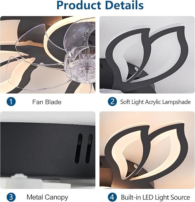 Ceiling Fan with Lights Remote Control, 26" Black Low Profile Ceiling Fan with Light, Modern Leaf Geometric Flush Mount Ceiling Fan for Kitchen Bedroom