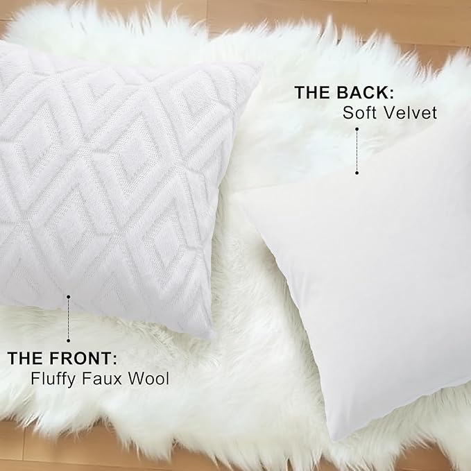 decorUhome Couch Throw Pillow Covers 16x16 Set of 2, Decorative Soft Plush Faux Wool Neutral Accent Pillow Covers for Bed Sofa Living Room, Pure White