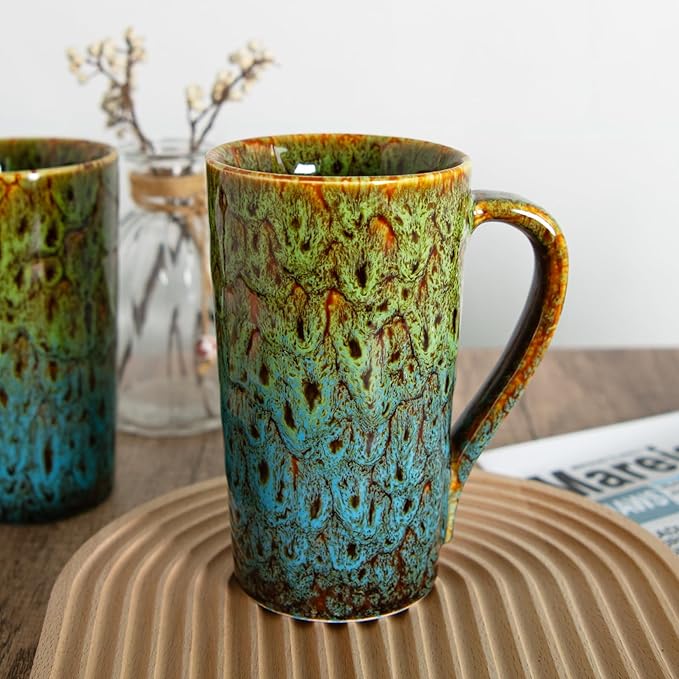 20oz Porcelain Coffee Mugs Set of 4, Large Tall Coffee Mugs with Handles, Modern Ceramic Coffee Cups for Coffee, Tea, Cocoa, Milk, Gifts for Women Men - Green & Blue