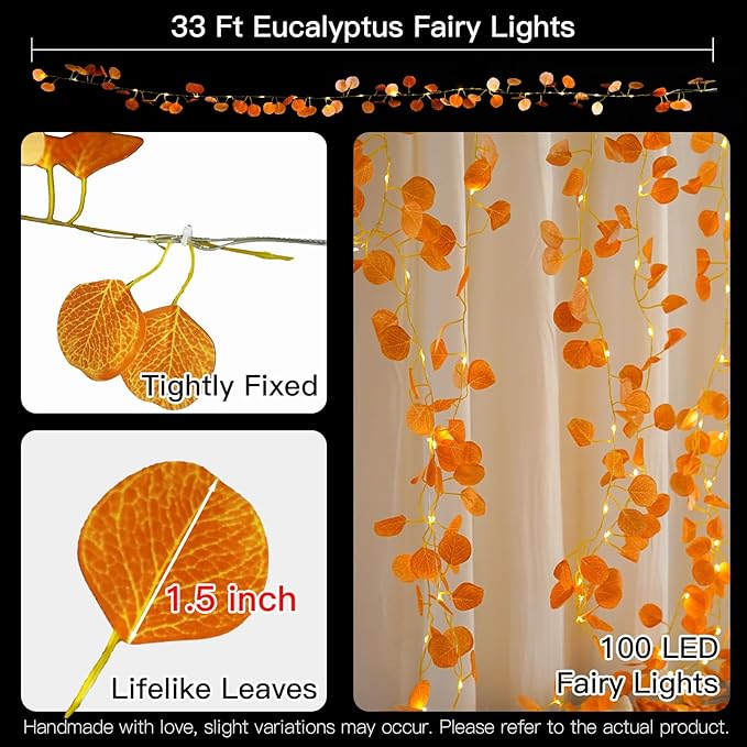 suddus Vine with Fairy Lights Battery Operated, 33ft 100 LED Eucalyptus Leaf String Lights with Remote, Dimmable Fall Garland with Lights for Bedroom Indoor Thanksgiving Christmas Decor (Warm White)