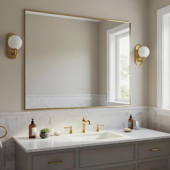 30x40 Inch Brass Bathroom Mirror for Wall, Aluminum Frame Rectangle Rectangular Vanity Mirror, Modern Large for Bedroom, Living Room, Horizontal or Vertical