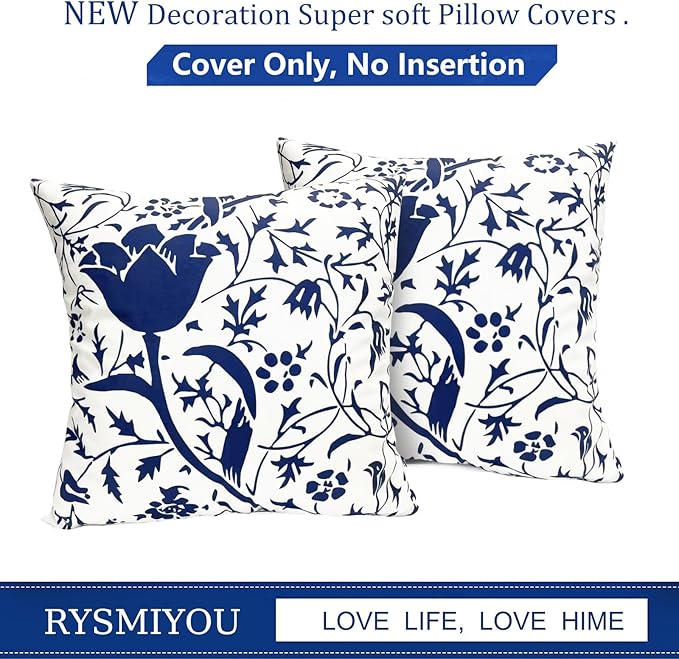 Decorative Throw Pillow Covers Set of 2 Blue Pillow Covers 20x20 inch Short Plush Couch Pillow Cases Floral Throw Pillows,Farmhouse Outdoor Pillow Covers for Sofa Living Room Cushion Covers