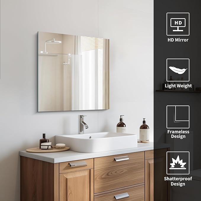 Frameless Mirror, 24x24 inch Square Bathroom Mirrors for Wall, Upgraded Shatterproof Vanity Mirror Over Sink with Polished Edge for Bathroom,Bedroom,Living Room and Entryway