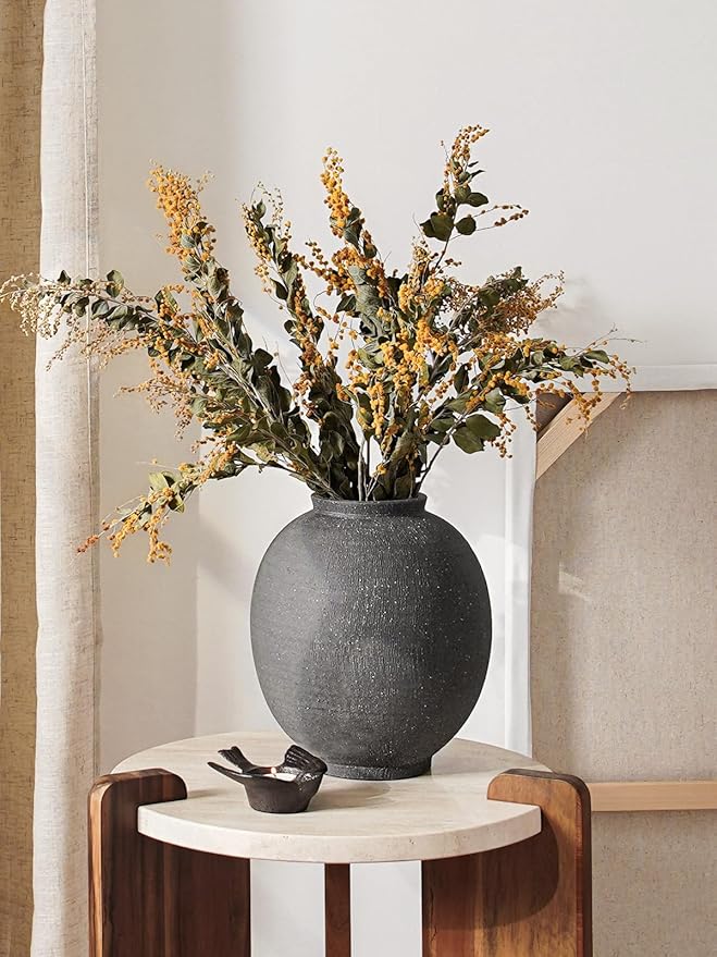 Large Blak Ceramic Vase - 9.8 Inch Rustic Farmhouse Vase for Home Decor, Minimalist Tall Vases for Living Room, Table, Bathroom, Holiday & Weddings (Sandstone Black)