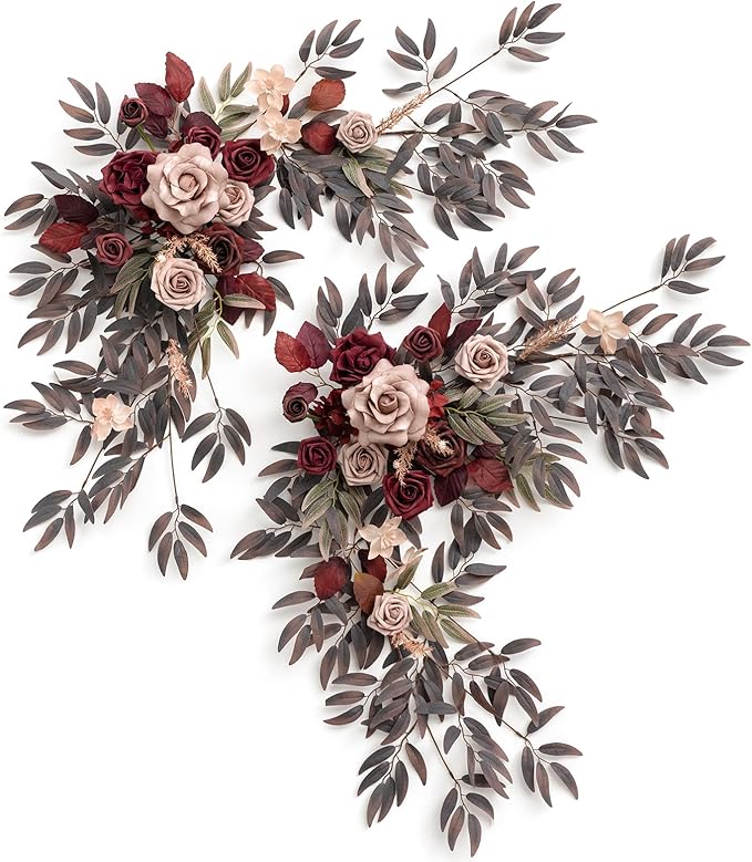 Ling's moment 2PCS Artificial Floral Swags Centerpieces Burgundy Wedding Flower Greenery Arrangements for Sweetheart/Head Table Decor Car Wall Window Arch Garden Decor Burgundy & Dusty Rose Maroon