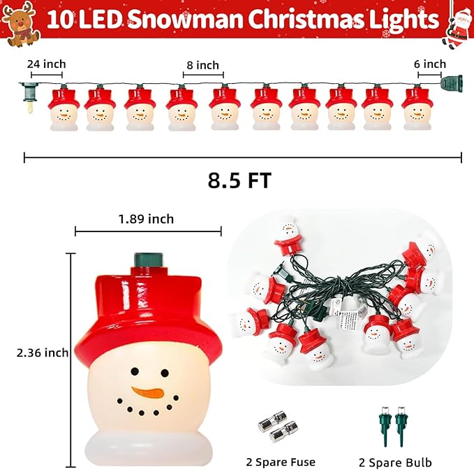 10-Light LED Christmas Snowman String Lights - Waterproof & UL Certified - Perfect for Outdoor and Indoor Use - Ideal for Christmas Tree, Bedroom, Door, Party Decoration