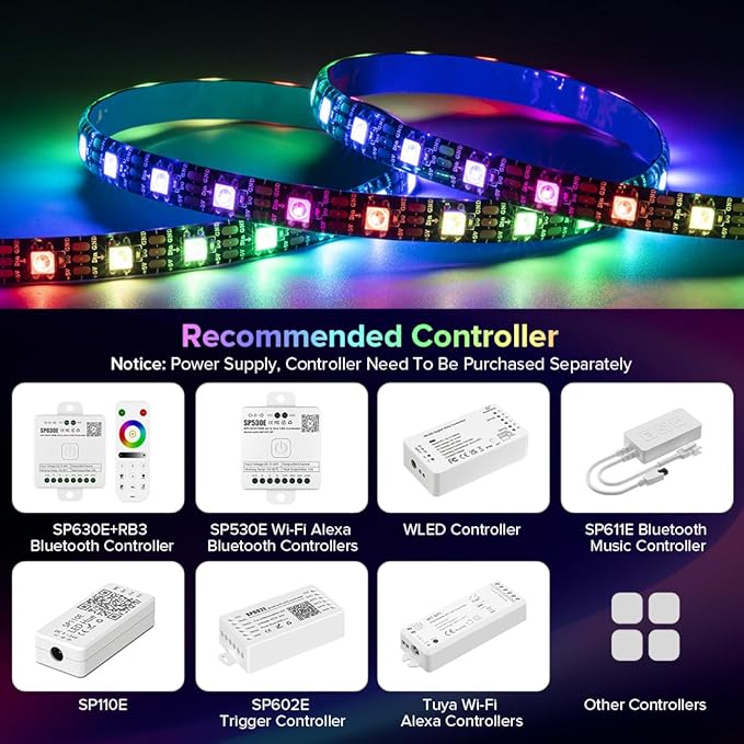 SEZO WS2812B ECO LED Strip Light 16.4FT/5M 60Pixels/m 300Pixels Individually Addressable Programmable 5050SMD Digital RGB Alloy Wires Flexible Dream Color IP65 Waterproof PCB Black DC5V