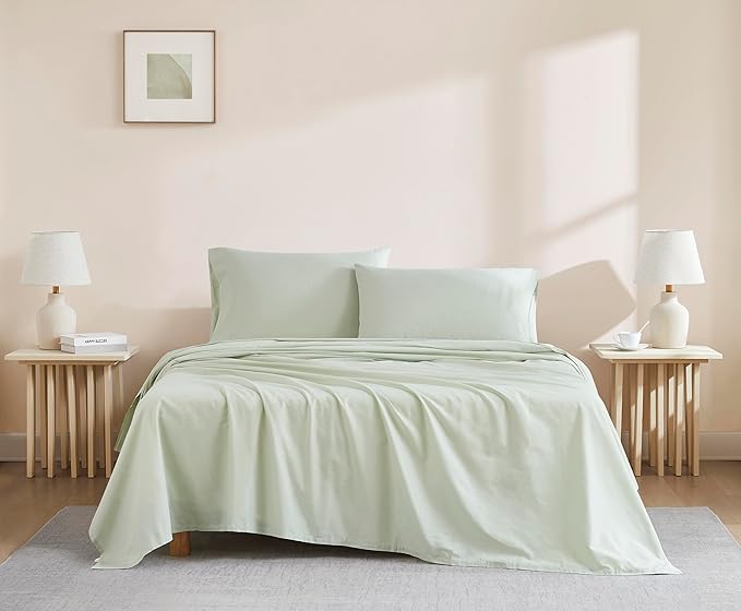 Linen Closet Organic 100% Cotton Queen Sheet 4 Pcs Set, 18” Deep Pocket, Light Green | Lightweight, Eco-Friendly Cotton, Percale Softness, Durable & Breathable, Naturally Cooling | All Season Comfort