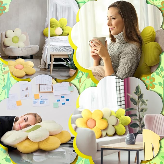 Sratte 3 Pcs Flower Pillows Flower Shaped Throw Pillow Cute Daisy Pillow Seating Cushions for Adults Home Bedroom Sofa Chair Couch Decor(Green, Yellow, White,20")