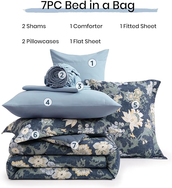 Queen Comforter Set -7 Pieces Floral Navy Blue Comforter Set for All Seasons, Bed in a Bag Queen with Botanical Flowers Comforter, Sheets, Pillowcases & Shams
