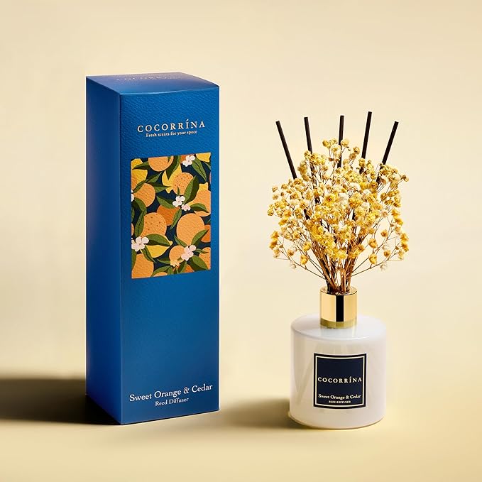 COCORRÍNA Reed Diffuser - Sweet Orange & Cedar 6.7 Fl.oz Reed Diffuser Set with Sticks & Preserved Baby's Breath, Reed Diffuser for Home Bathroom Shelf Decor