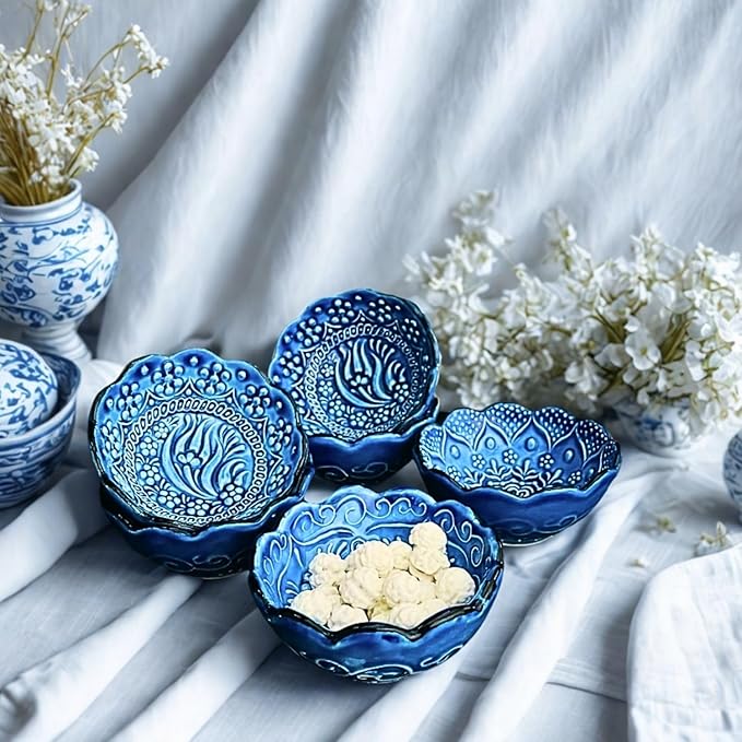Handmade Decorative Turkish Ceramic Bowl Set of 6, Blue Pinch Bowls for Dipping&Serving - Small Versatile and Unique Charcuterie Accessories, Mini Sauce Dish, Floral Pattern Snack Bowls
