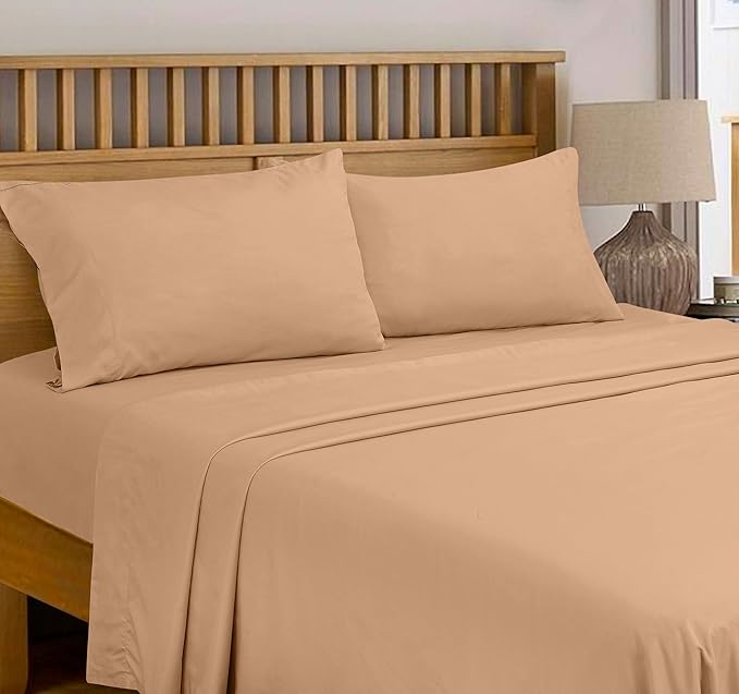 Royale Linens 300 Thread Count 100% Long Staple Combed Cotton Flat Sheet - Super Soft - Top Sheets - Full Flat Sheet Sold Separately - Breathable, Cool & Crisp Percale Sheets Only (Full, Sand)